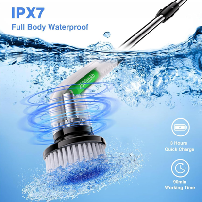 Cordless Electric Spin Scrubber with 7 Interchangeable Heads and Adjustable Extension Handle.