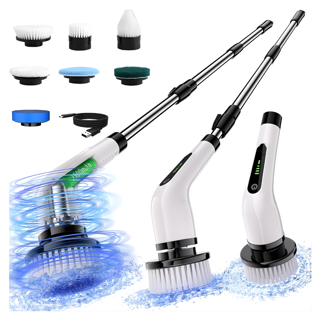 Cordless Electric Spin Scrubber with 7 Interchangeable Heads and Adjustable Extension Handle