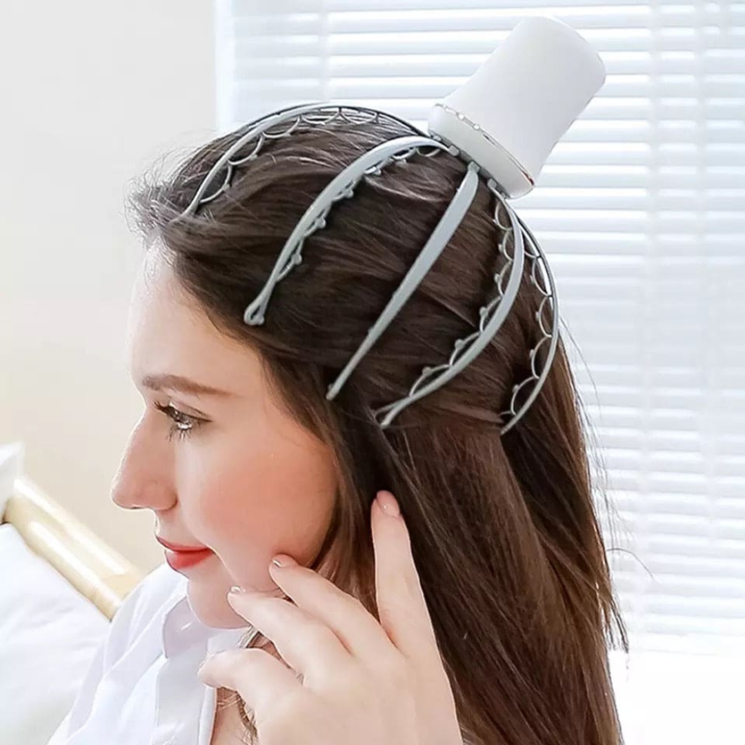 Woman with a hair dryer on her head wearing a decorative headband.
