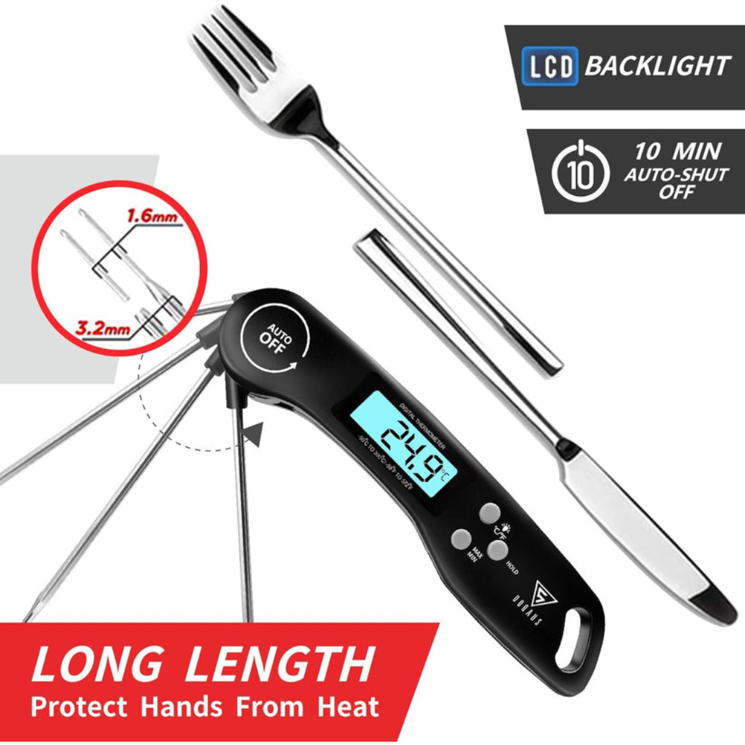 Digital thermometer with a fork and knife, featuring an LCD backlight and auto-shut-off feature.