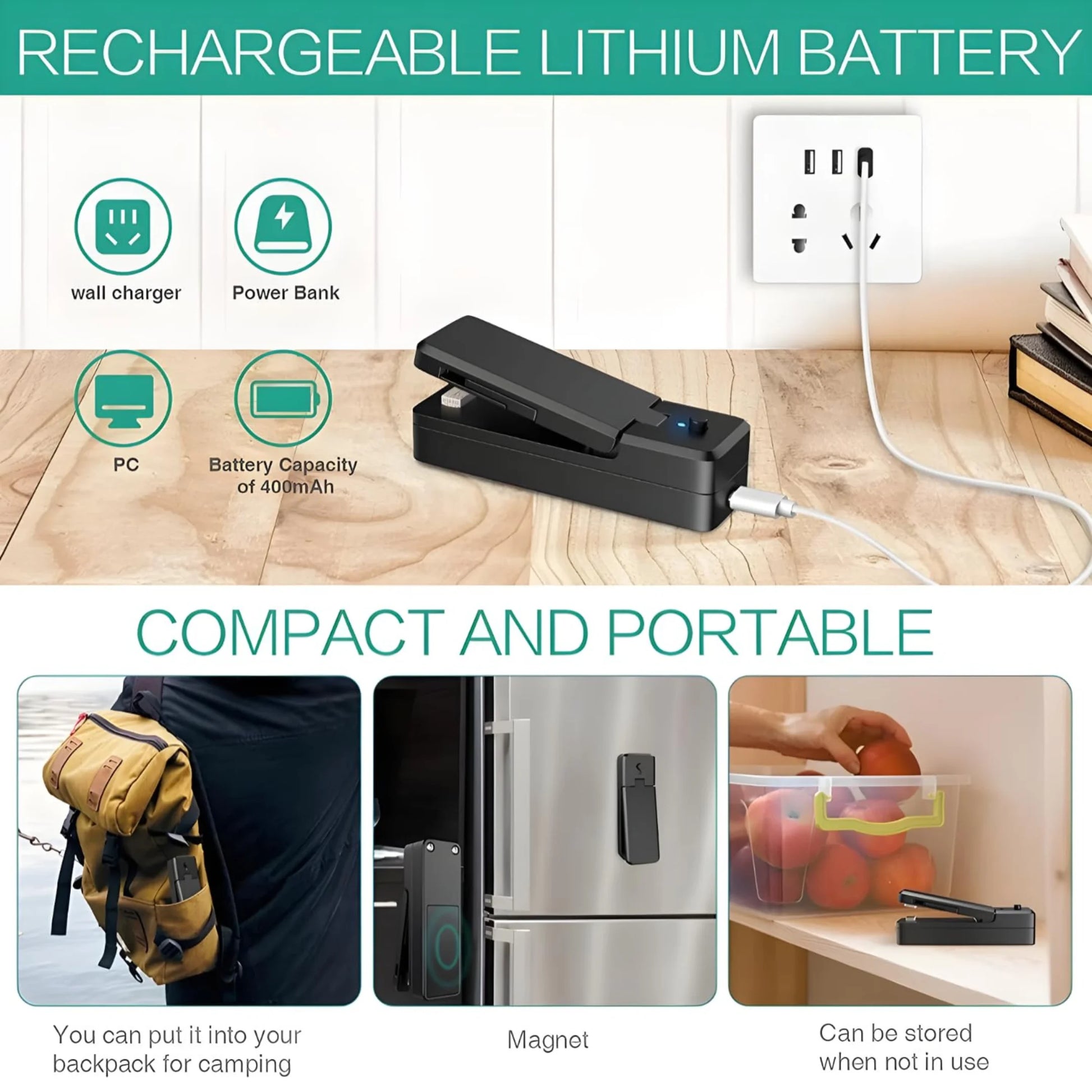 Dual-Function USB Rechargeable Mini Heat Sealer 6
