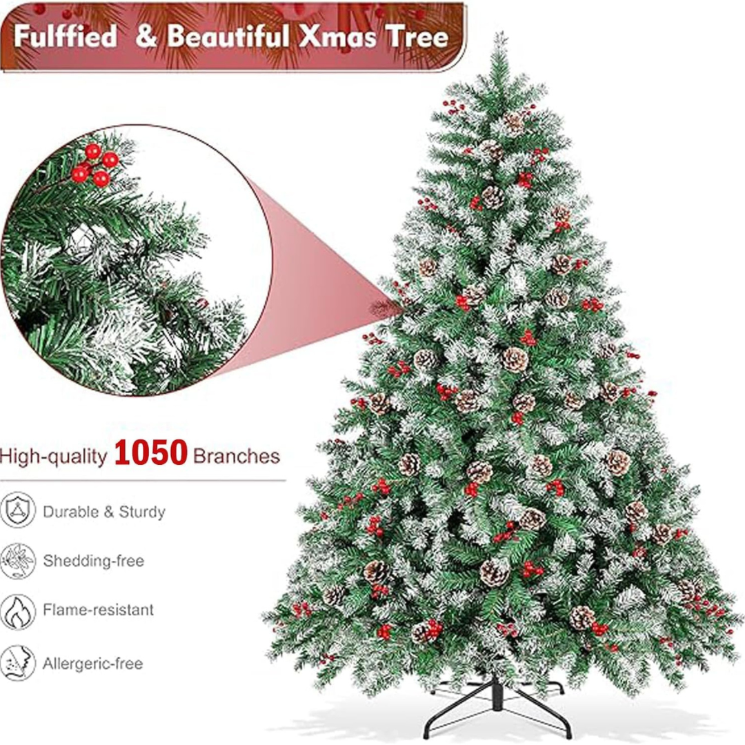 Festive Christmas tree with decorations on a white background, featuring text about tree quality and features.