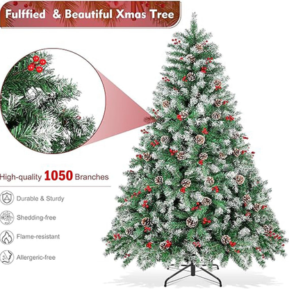 Festive Christmas tree with decorations on a white background, featuring text about tree quality and features.
