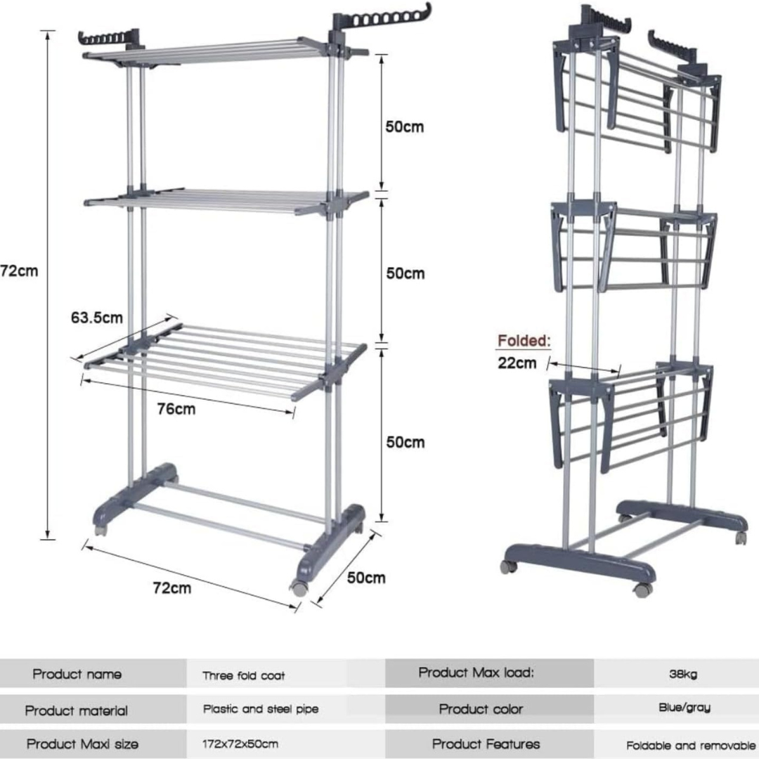 Clothing rack with dimensions and product details on a white background