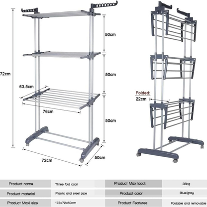 Clothing rack with dimensions and product details on a white background