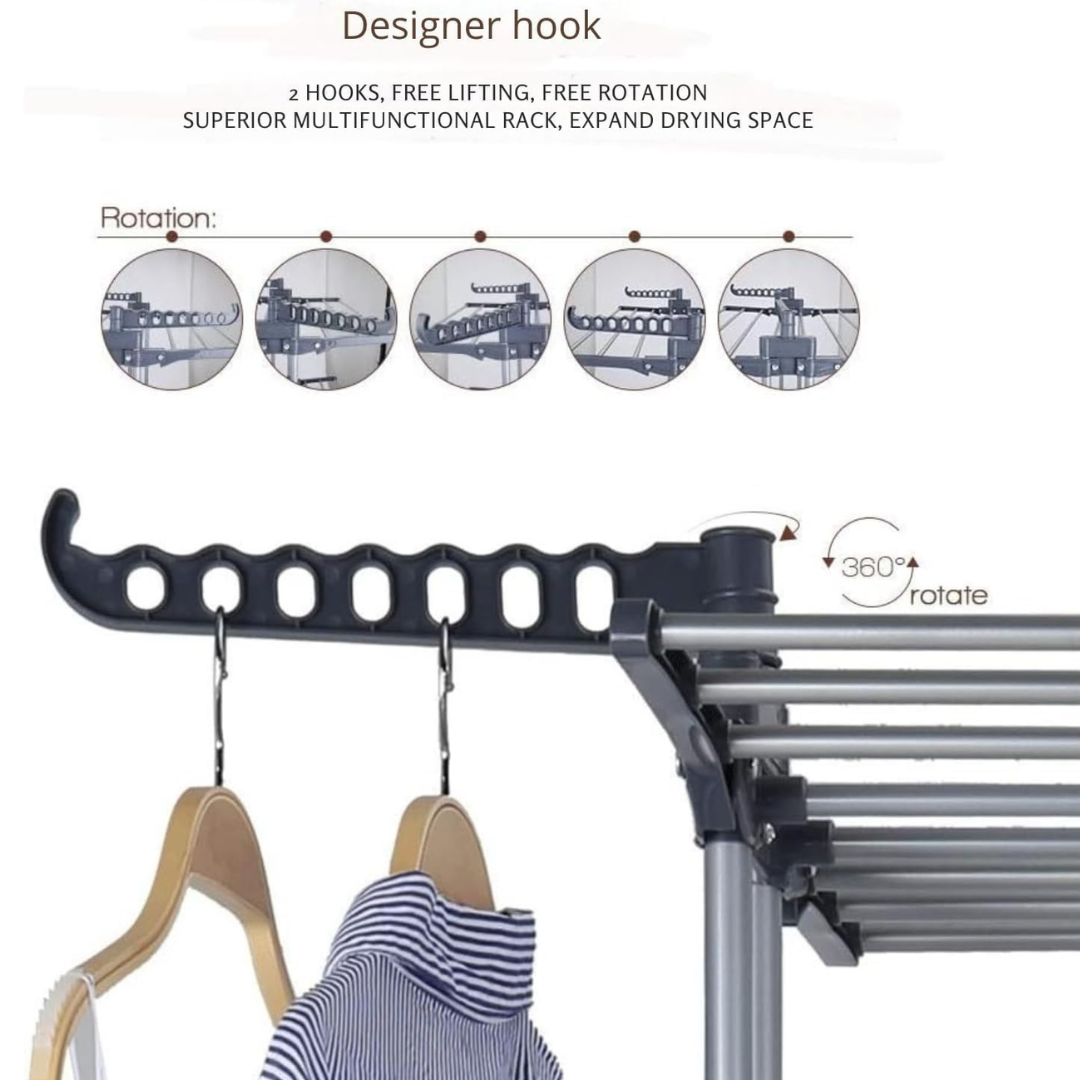 Multifunctional drying rack with hooks and clothes, featuring text on functionality.