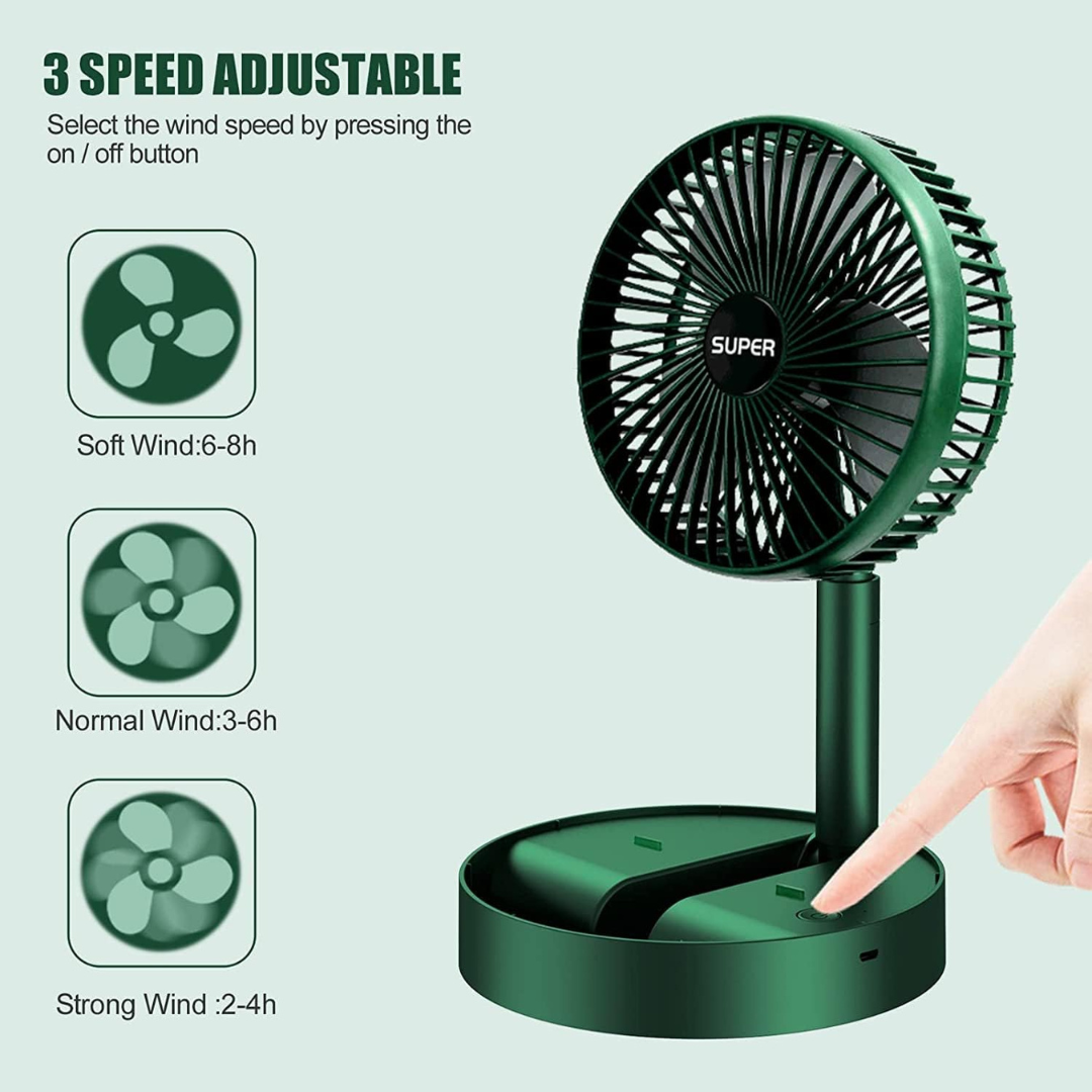Foldable Telescopic Rechargeable Desk Fan with Adjustable Height and 3 Speed Settings..