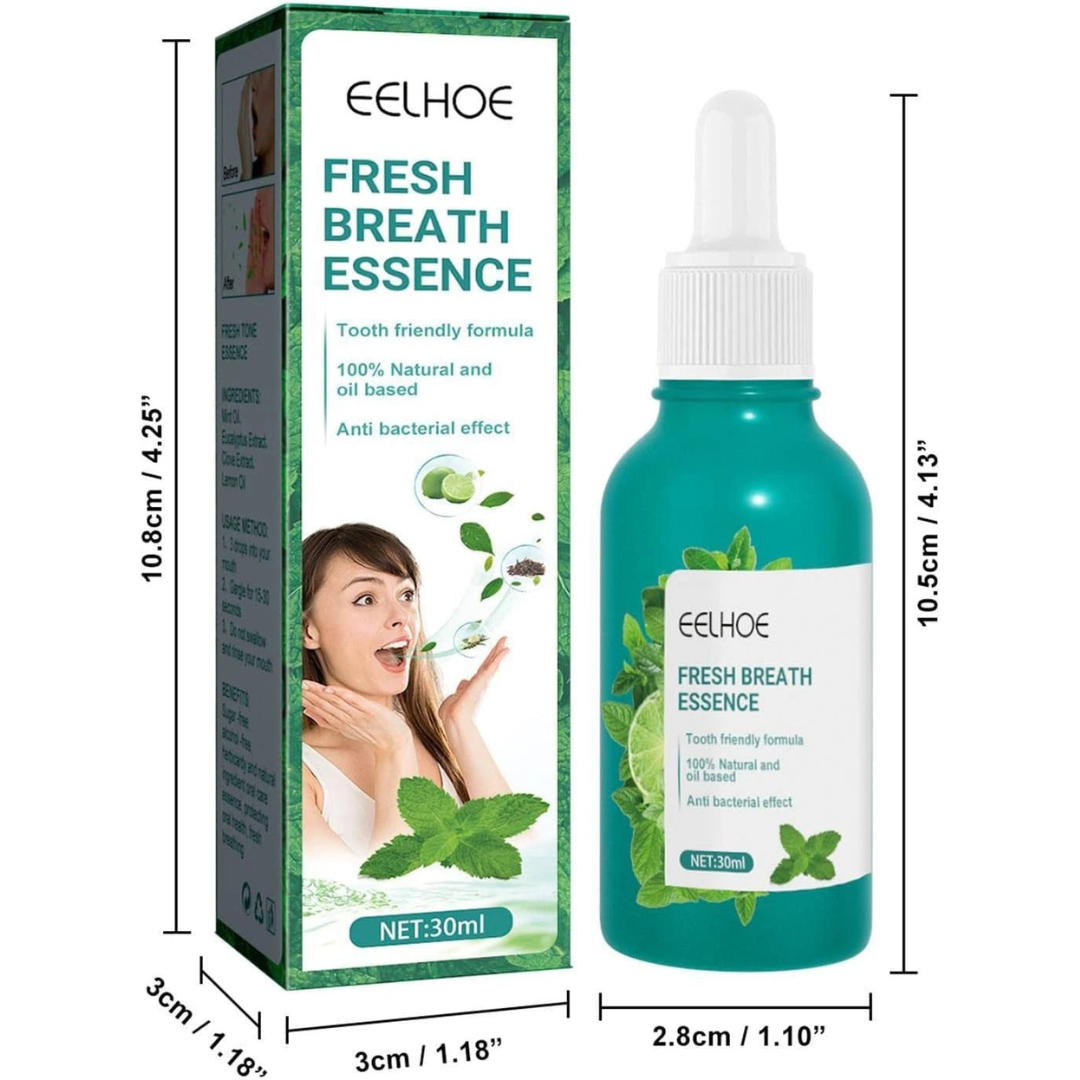 Eelhoe Fresh Breath Essence packaging and bottle with dimensions on a white background
