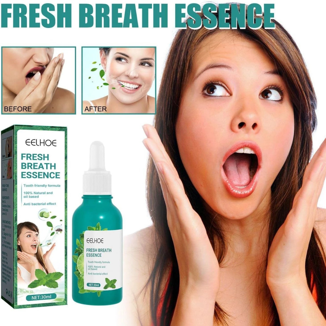 Advertisement for EELHOE Fresh Breath Essence showing a woman with a before and after effect.