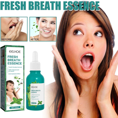 Advertisement for EELHOE Fresh Breath Essence showing a woman with a before and after effect.