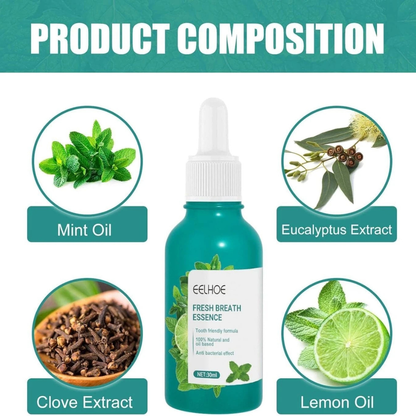 Eeelhoe Fresh Breath Essence bottle with mint, eucalyptus, clove, and lemon oil illustrations on a teal background.