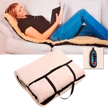 Woman lying on a couch with a heating pad, remote control included