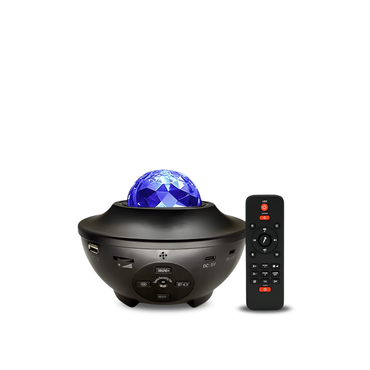 Black night light with blue LED ball and remote control on a white background