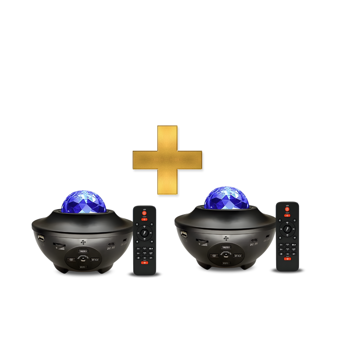 Two black devices with blue lights and remote controls on a white background, plus symbol overlay.