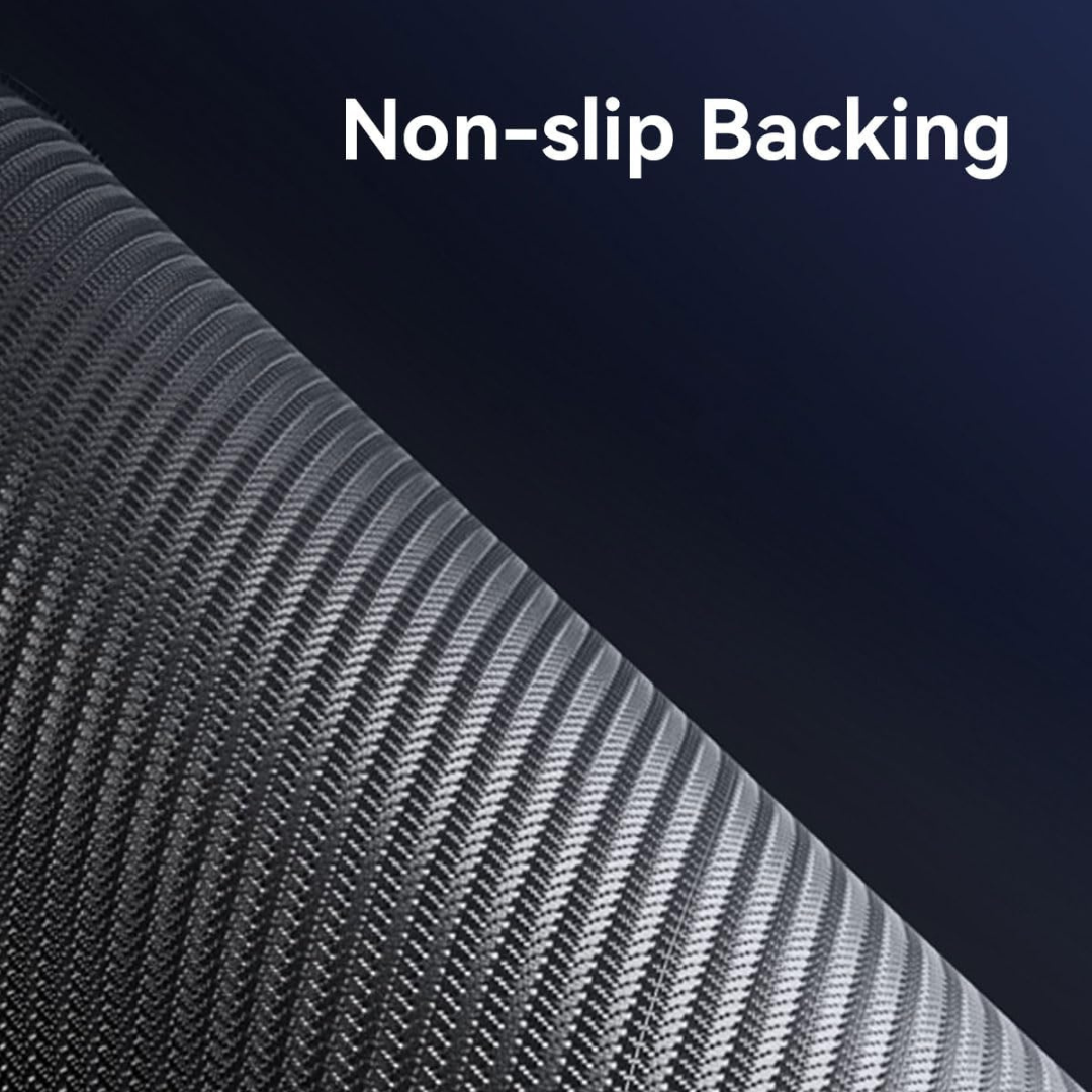 Text 'Non-slip Backing' over textured black material on a dark background