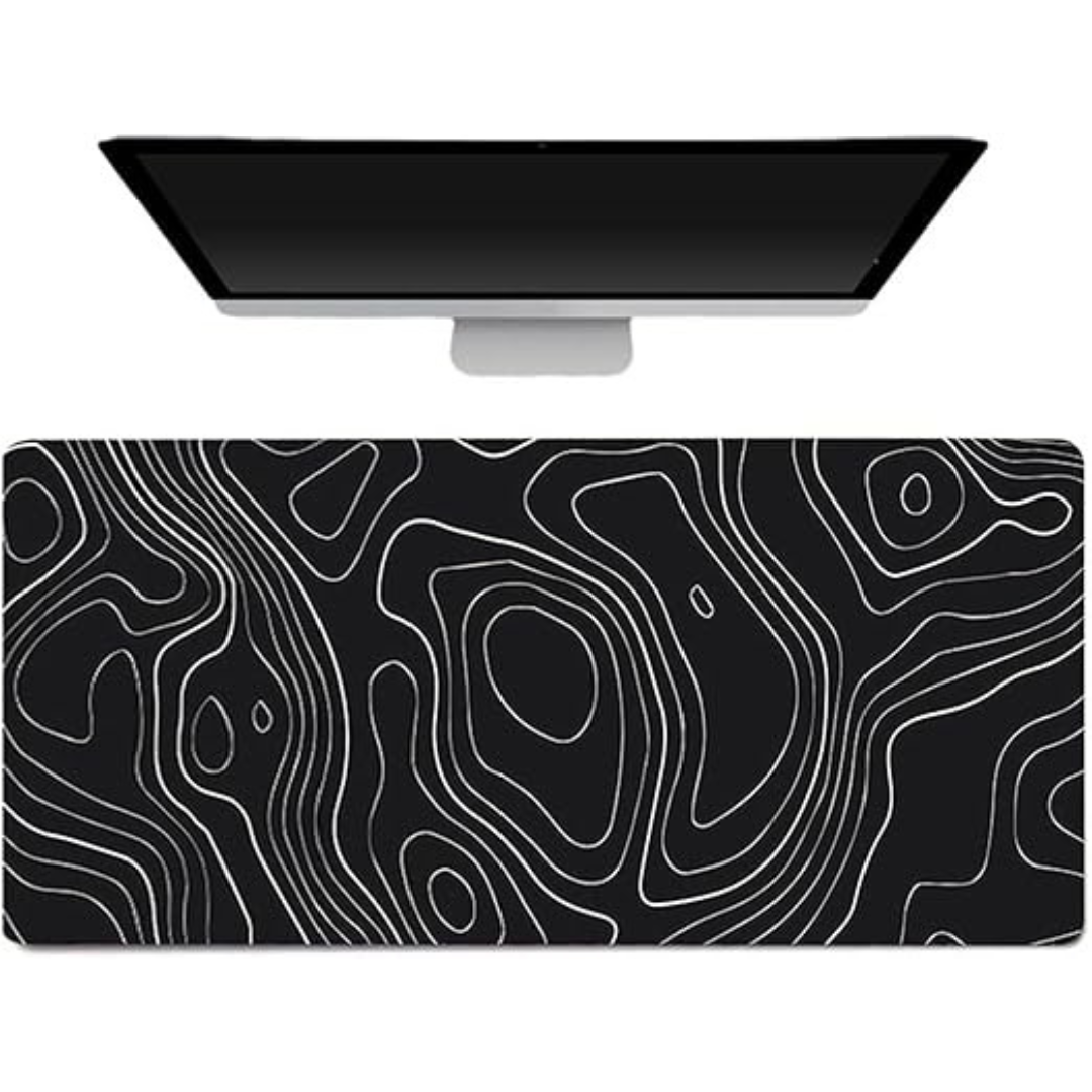 Gaming Mouse Pad XL – 80x30cm Large Desk Mat with Anti-Slip Base (Black with White Topographic Line)