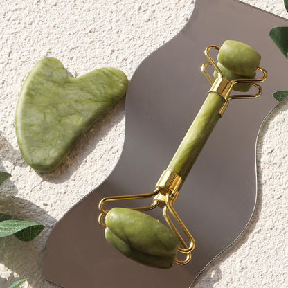 Genuine Jade Roller & Gua Sha Set for Face, Cooling & Firming Effect