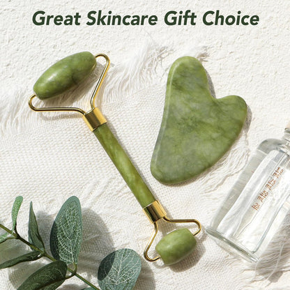 Genuine Jade Roller & Gua Sha Set for Face, Cooling & Firming Effect