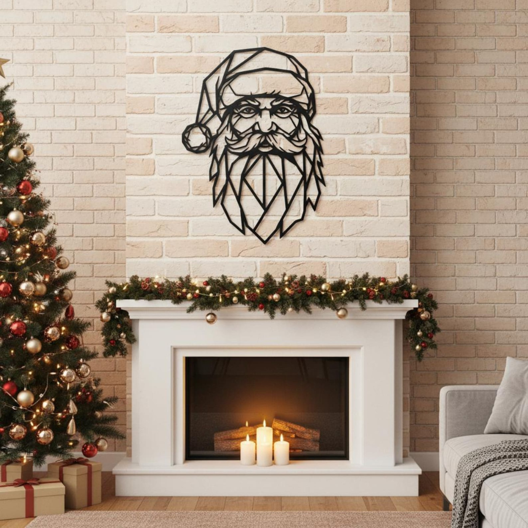 Decorative metal wall art of Santa Claus above a fireplace with Christmas tree and decorations.