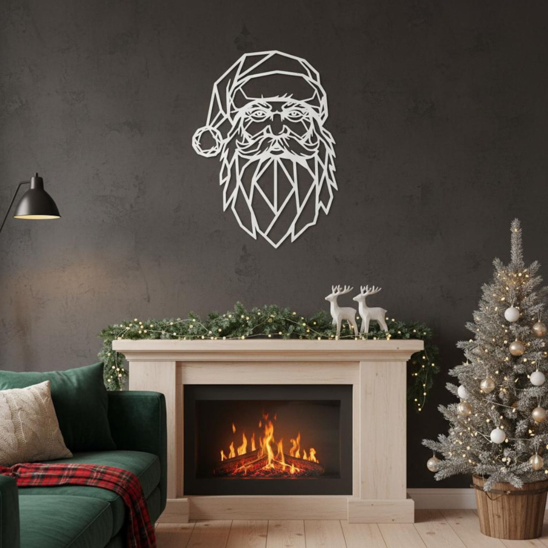 Decorative wall art of a Santa Claus face above a fireplace with Christmas decorations.