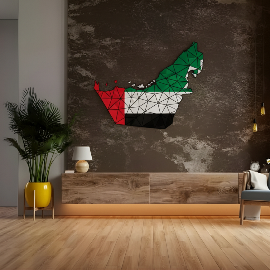 Geometric UAE Flag Map Acrylic Wall Art | National Day Decor.