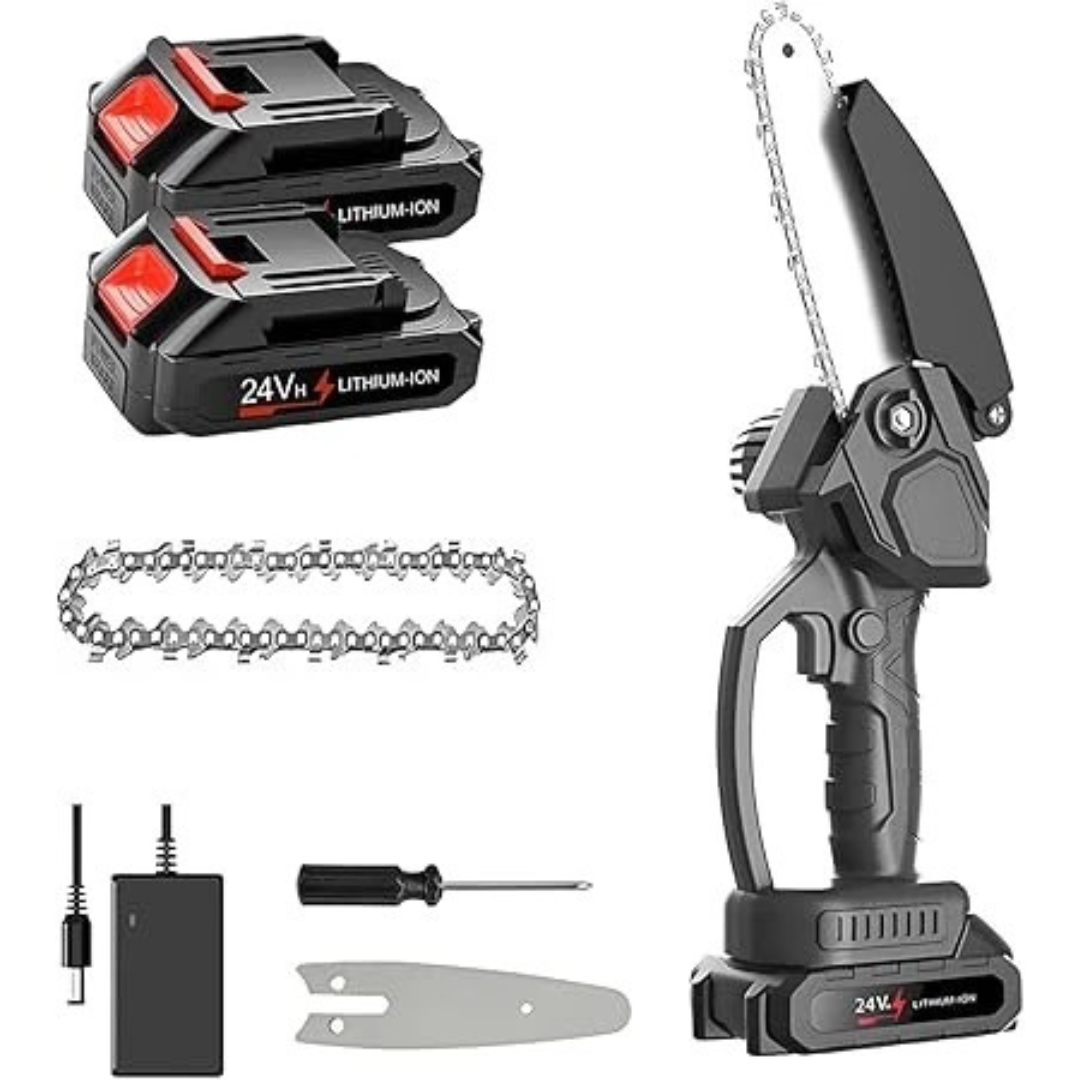 Gluckluz Mini Chainsaw Cordless Chain Saw Electric Handheld 6 Inch Chain Saw with 2 * 24V Rechargeable Battery & Safety Lock for Tree Trimming Wood Cutting Household Garden Pruning Work
