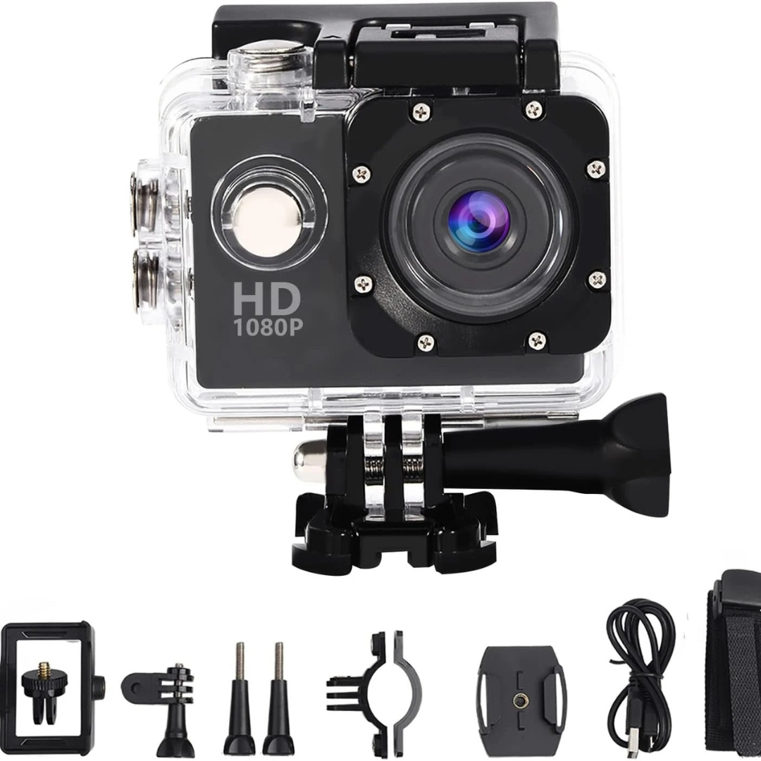 HD 1080p Sports Camera – Waterproof Action Cam with 2-Inch Screen..