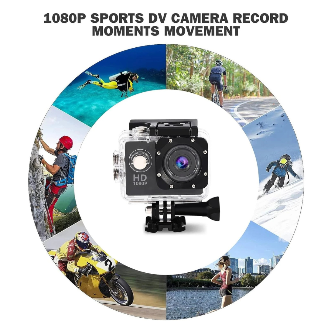 HD 1080p Sports Camera – Waterproof Action Cam with 2-Inch Screen