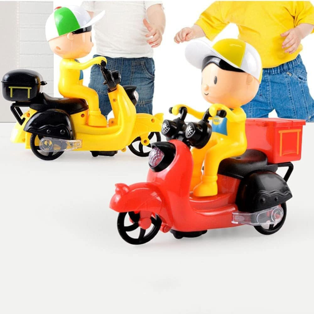 Toy figures on scooters with a child in the background