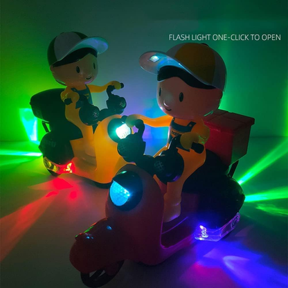 Two toy figures on scooters with colorful lights in a dark setting