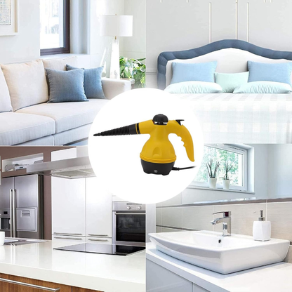 Yellow steam cleaner in a collage of home settings including a bedroom, kitchen, and bathroom.