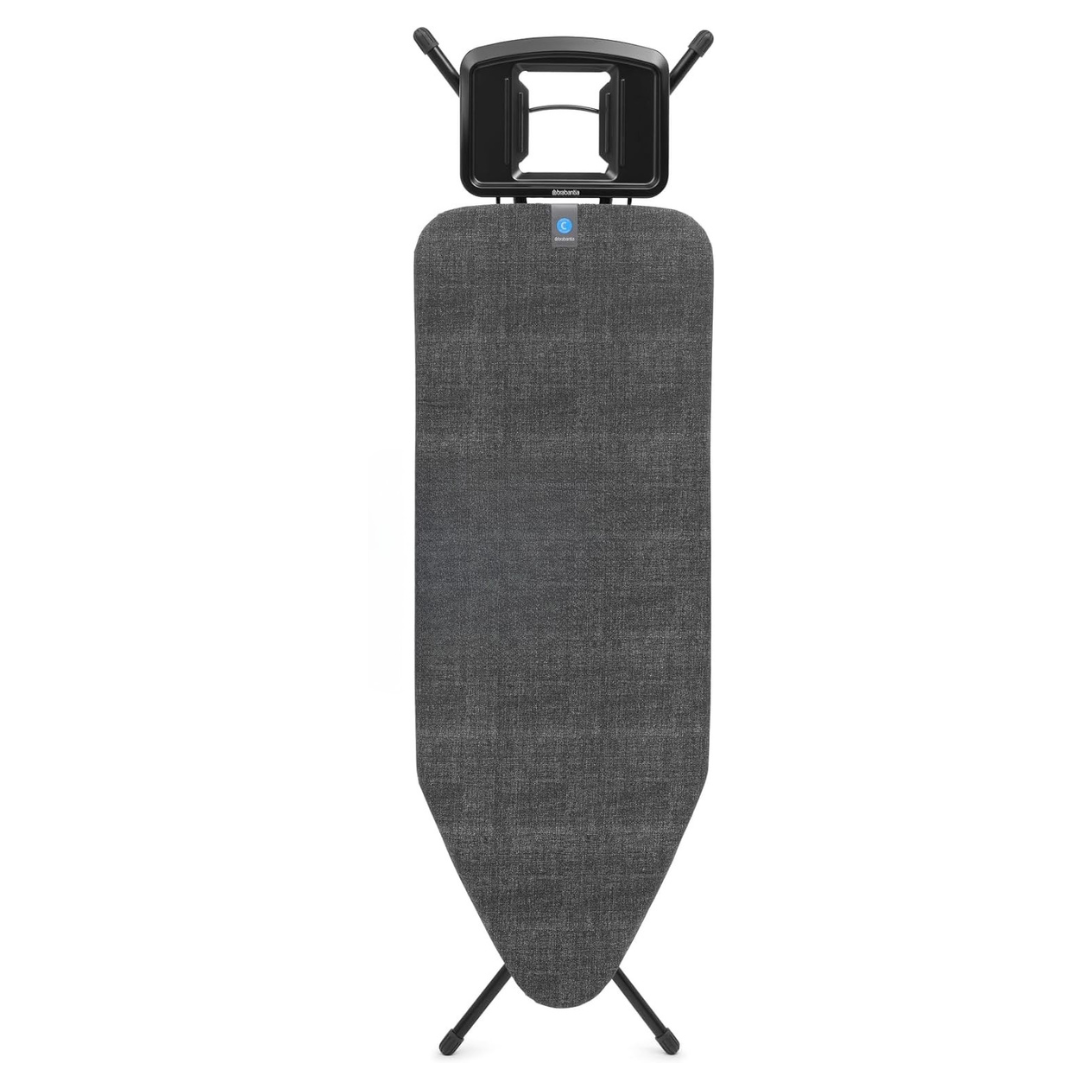 Gray ironing board with black handle on a white background