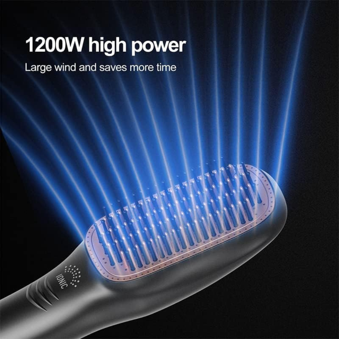 Hair straightening brush with blue light and text highlighting high power and time-saving benefits on a dark background.