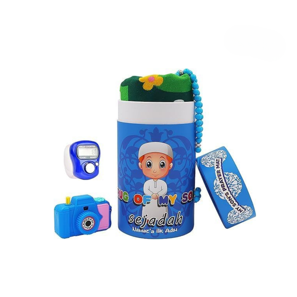 Kids Prayer Mat Set with Beads, Digital Counter & Camera – Soft Velvet Blue Islamic Gift Box