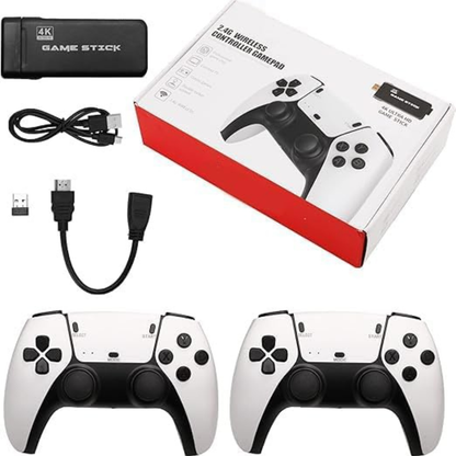 Two white gaming controllers with black buttons, a USB cable, and a Game Stick packaging on a white background.