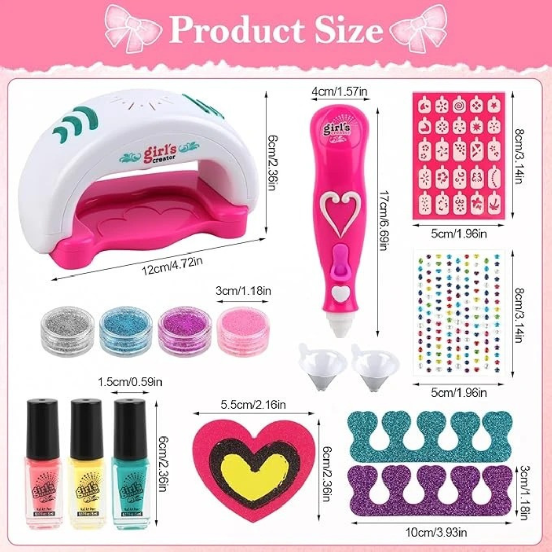 Product size chart with nail art tools and materials on a pink background