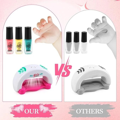 Comparison of nail polish and drying lamps with 'Our' and 'Others' labels on a pink background.