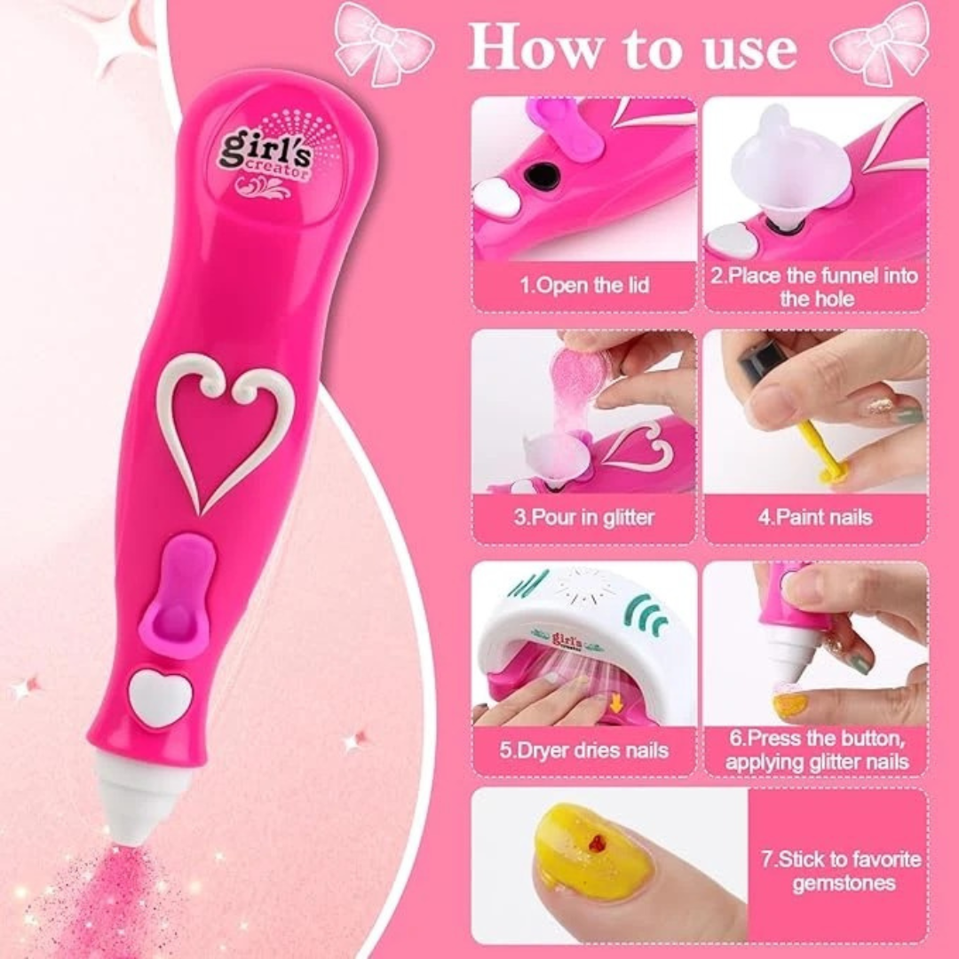 Pink glitter nail art tool with step-by-step instructions on a pink background