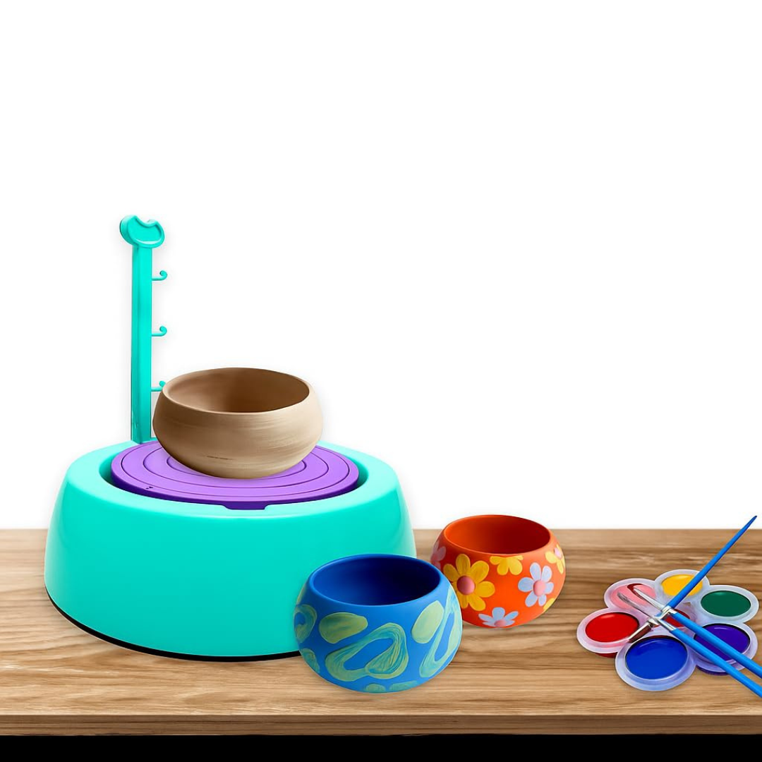 Magic Pottery Wheel Art Studio for Kids with 12 Color Paint Set and Sculpting Tools.