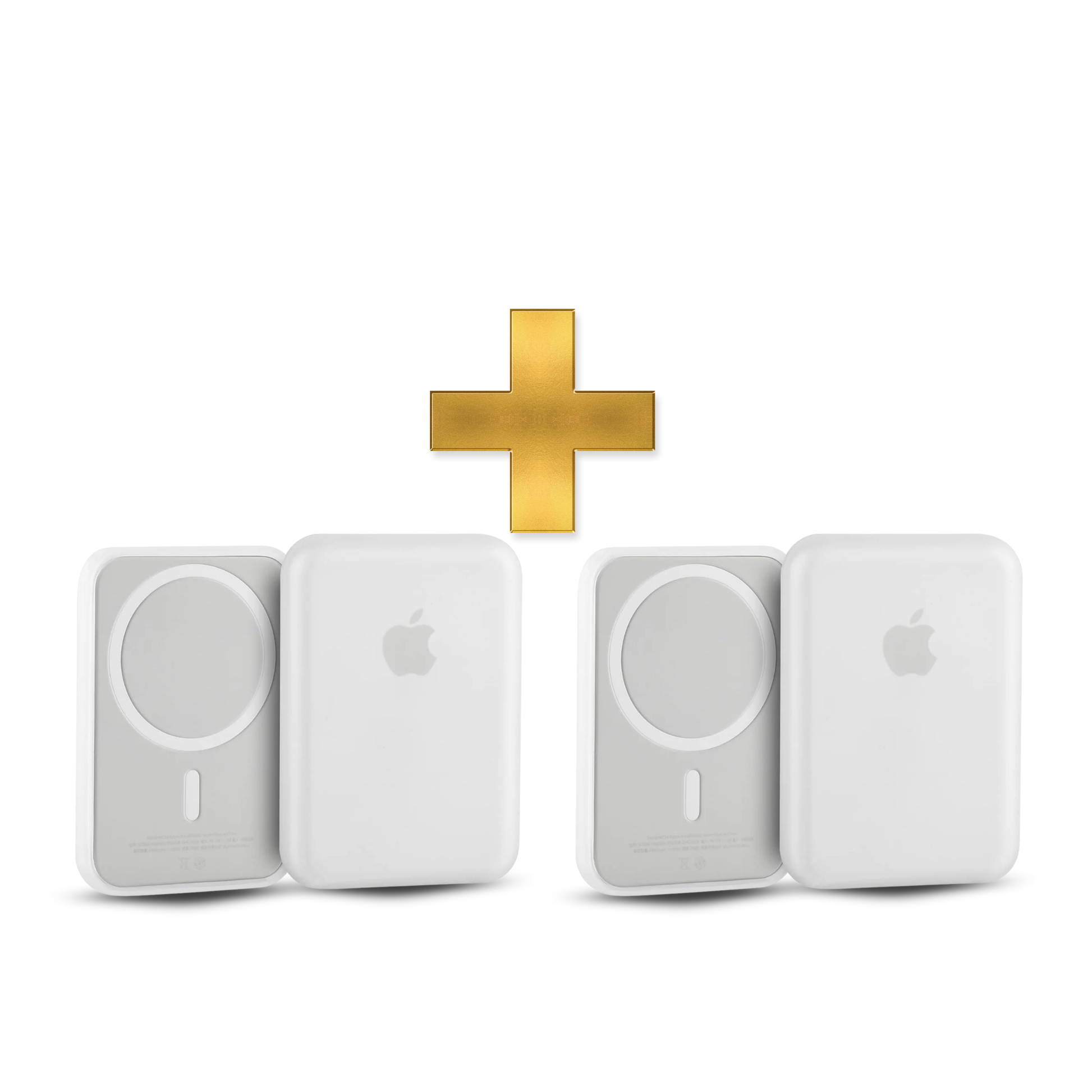 Four white Apple AirTags with a gold plus sign on a white background