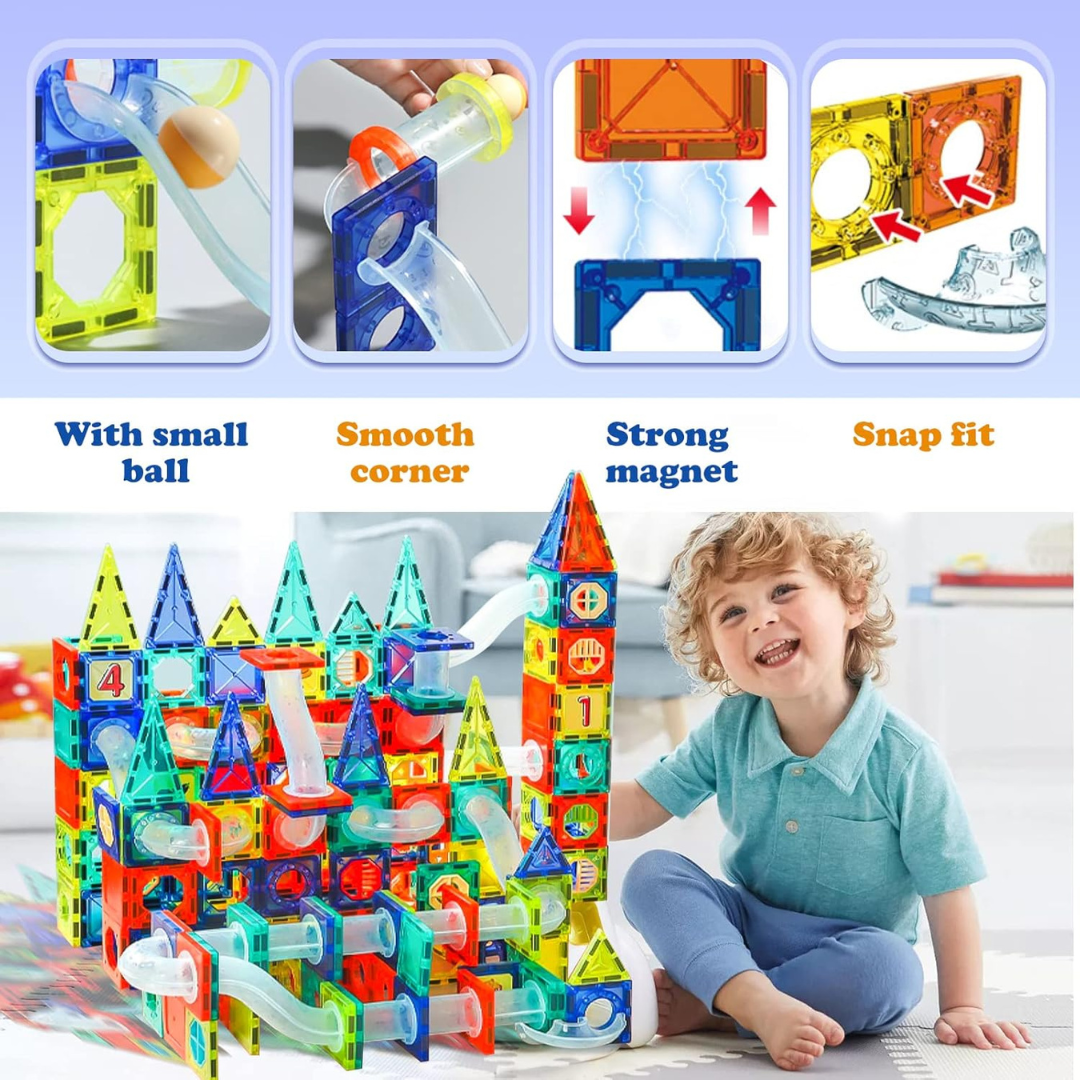 Colorful magnetic building blocks with a child playing with them, highlighting features like small ball, smooth corner, strong magnet, and snap fit.