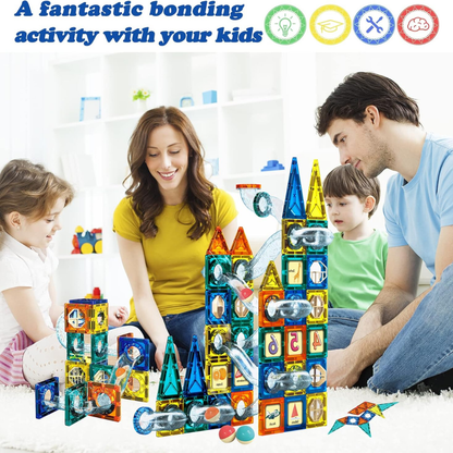 Family playing with colorful magnetic building blocks on a white background