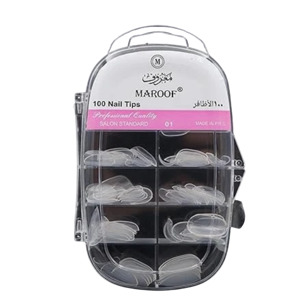 Maroof nail tip packaging with clear nail tips inside on a white background