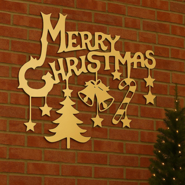 Decorative Christmas sign with 'Merry Christmas' on a brick wall.