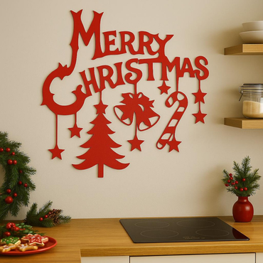 Red 'Merry Christmas' wall decoration in a kitchen setting with festive decor.