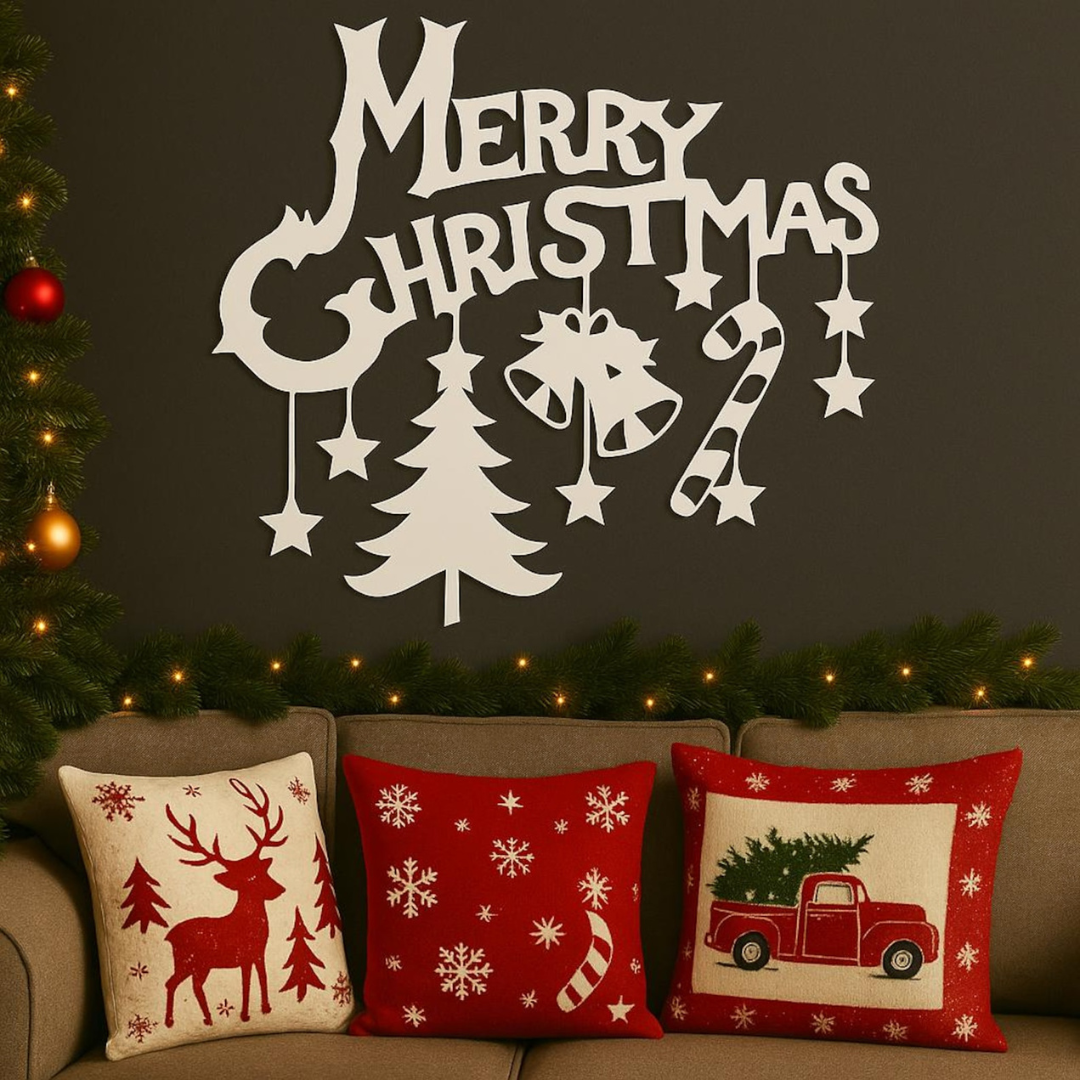 Decorative Christmas pillows on a couch with 'Merry Christmas' wall art.
