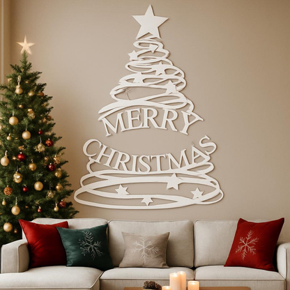 Decorative Christmas tree wall art with 'Merry Christmas' text in a living room setting.