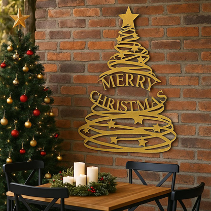 Decorative Christmas tree wall art with 'Merry Christmas' text on a brick wall with a Christmas tree and table in the foreground.