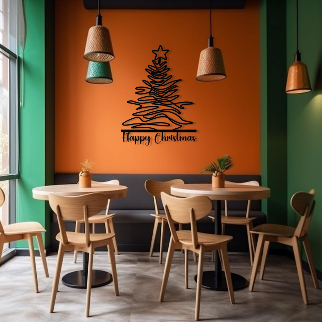 Restaurant interior with wooden tables and chairs, orange wall with Christmas tree design, and pendant lights.