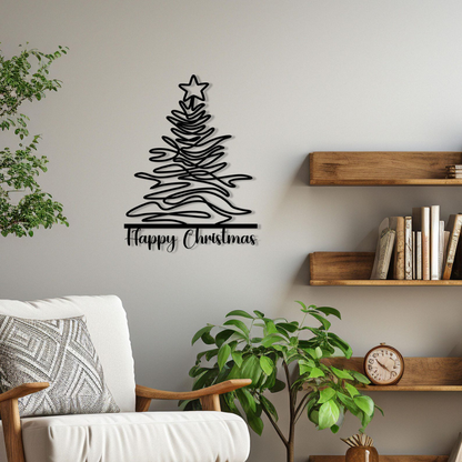 Black Christmas tree wall decal with 'Happy Christmas' text in a living room setting.